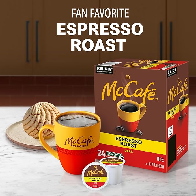 McCafe Espresso Roast Coffee Keurig Single-Serve K-Cup Pods 96 Count (4 Packs of 24) Dark Roast Made with Arabica Beans Bold Flavor with Bittersweet Chocolate &amp Toasted Nut Notes