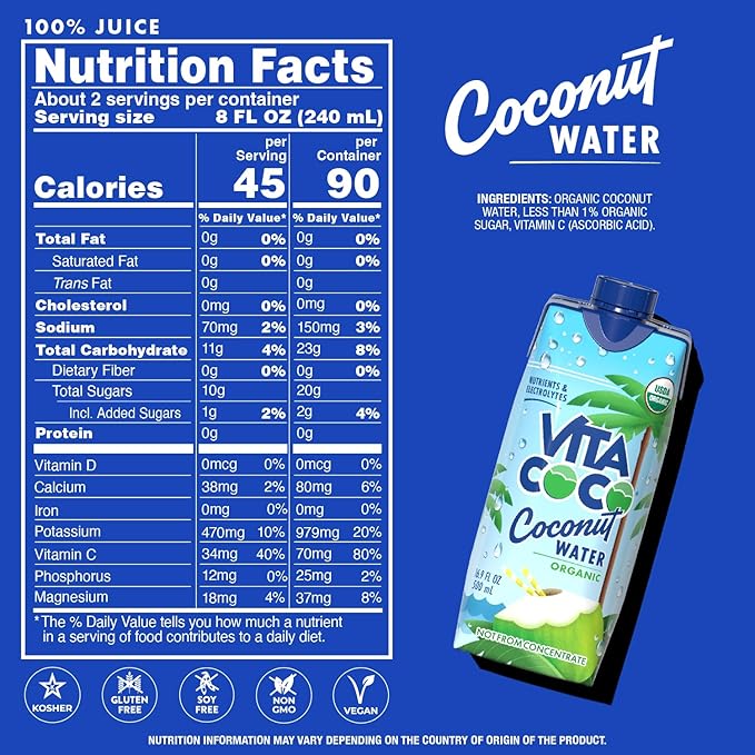 Vita Coco Coconut Water Pure Organic | Refreshing Coconut Taste | Natural Electrolytes | Vital Nutrients | 16.9 Oz (Pack Of 12)