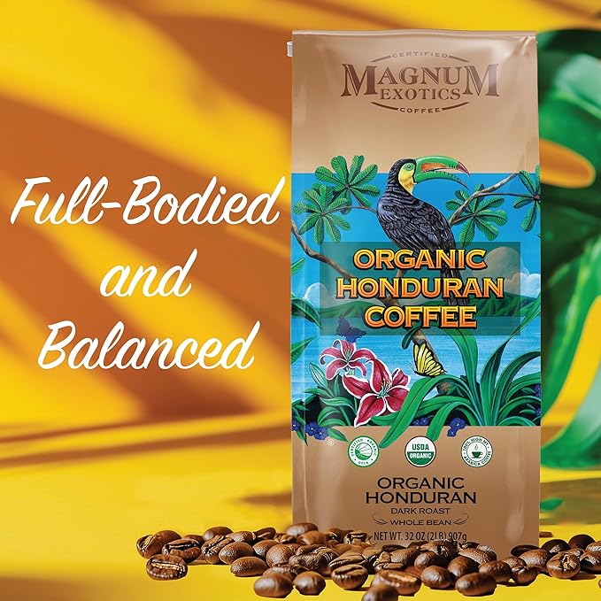 Magnum Exotics Organic Honduran Whole Bean Coffee - Dark Roast Coffee Beans Caffeinated Roasted Bulk Brew Rich &amp Smooth Flavor Fresh Roast - 32 oz (2 lb) Bag