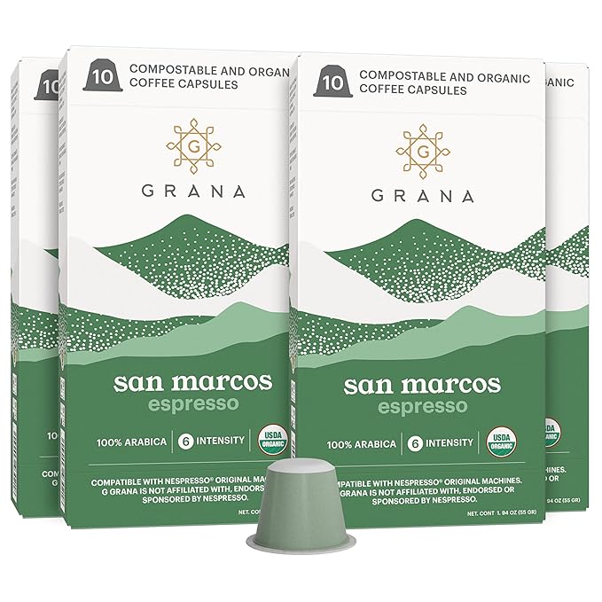 G GRANA Coffee Pods Compatible with Nespresso OriginalLine 40 Count Medium Roast USDA Organic 100% Arabica Single Source Specialty Coffee Compostable Single Serve Capsules San Marcos