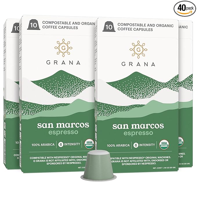 G GRANA Coffee Pods Compatible with Nespresso OriginalLine 40 Count Medium Roast USDA Organic 100% Arabica Single Source Specialty Coffee Compostable Single Serve Capsules San Marcos