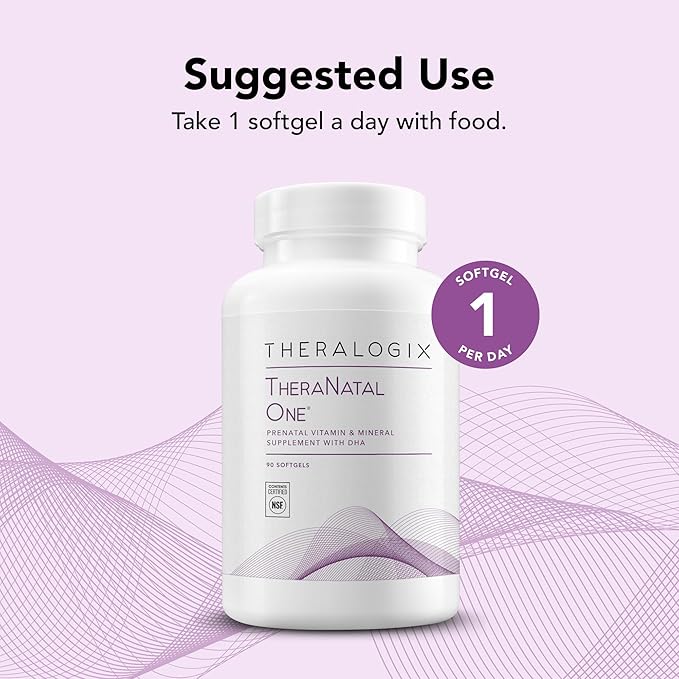 Theralogix TheraNatal One Prenatal Vitamin - 90-Day Supply - Prenatal Multivitamin with DHA Vitamin D3 Methylated Folate Iron &amp More to Support a Healthy Pregnancy* - NSF Certified - 90 Softgel
