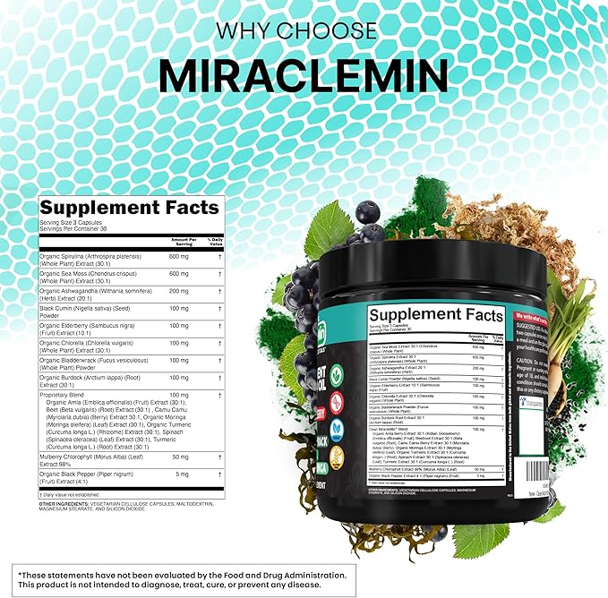 Clean Nutra Organic Sea Moss Capsules with Ashwagandha Black Seed Oil Burdock Root Bladderwrack Moringa Chlorella Spirulina Turmeric Elderberry Amla – 90 Vegan Capsules – MiracleMin