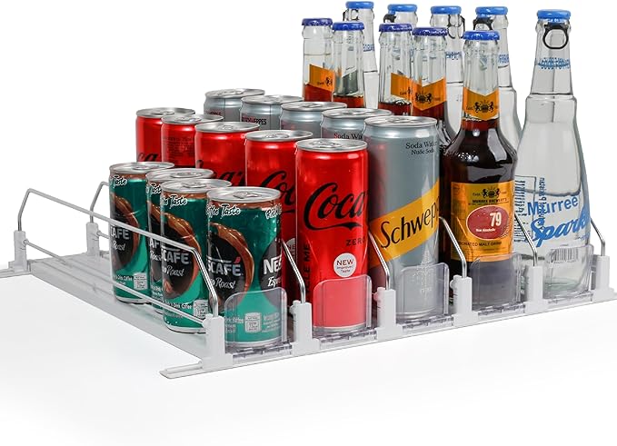 Dwella Drink Organizer for Fridge with Pusher Glide 5 Rows Spring Loaded Fridge Drink Dispenser Self Pushing Soda Can Organizer for Refrigerator Bottle Beverage Organizer for Fridge Drink Holder