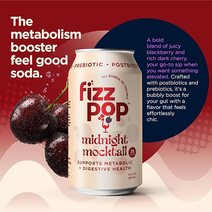 Fizz Pop Metabolic Sparkling Postbiotic and Prebiotic Soda Pop Gut Health Seltzer Water Fiber Drink Metabolism Booster Midnight Mocktail Flavor 12 oz Cans (Pack of 12)