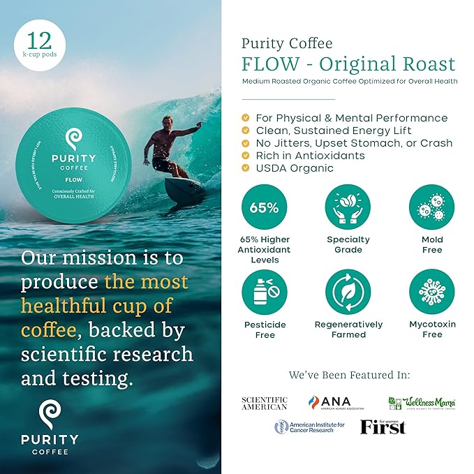 Purity Coffee FLOW Original Medium Roast K Pod Capsules (12ct Box) | Specialty-Grade USDA Organic Arabica Blend | Third Party Tested for Mold Mycotoxins &amp Pesticides