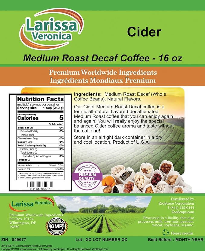 Cider Medium Roast Decaf Coffee (Gourmet Naturally Flavored Whole Coffee Beans) (16 oz ZIN: 549677) - 3 Pack