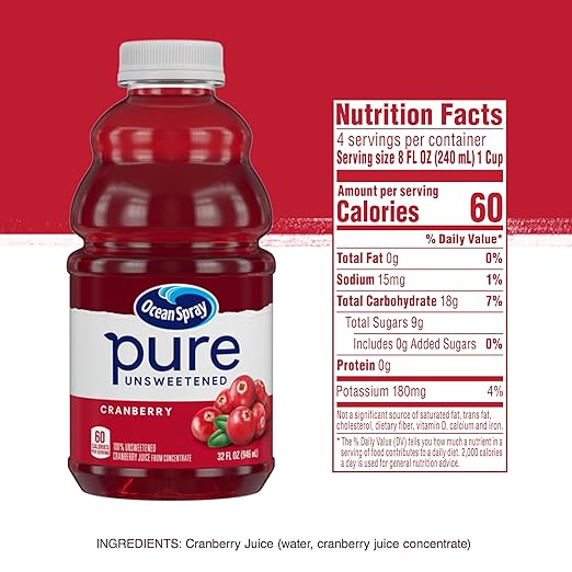 Ocean Spray® Pure Unsweetened Cranberry 100% Cranberry Juice From Concentrate 32 Fl Oz Bottle (Pack of 8)