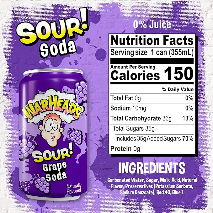 Sour Fruity Soda with Classic Warheads Flavors – Perfectly Balanced Sweet and Sour Soda - Warheads Candy Throwback Treat Soda Cocktail Mixer Pack of 12 12oz Cans (Grape)
