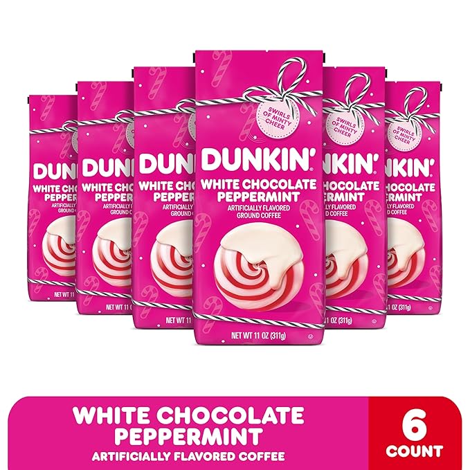 Dunkin’ White Chocolate Peppermint Artificially Flavored Ground Coffee 11 oz. Bag 6 Count