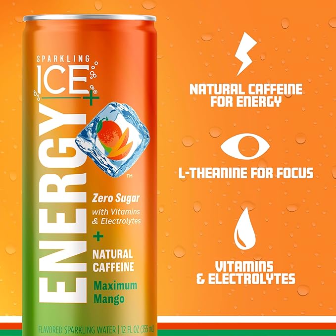Sparkling Ice +ENERGY Maximum Mango and Sparkling Ice +ENERGY Berry Blast Sparkling Water. Energy drinks with Vitamins &amp Electrolytes Zero Sugar 12 fl oz Cans (Pack of 12 each)