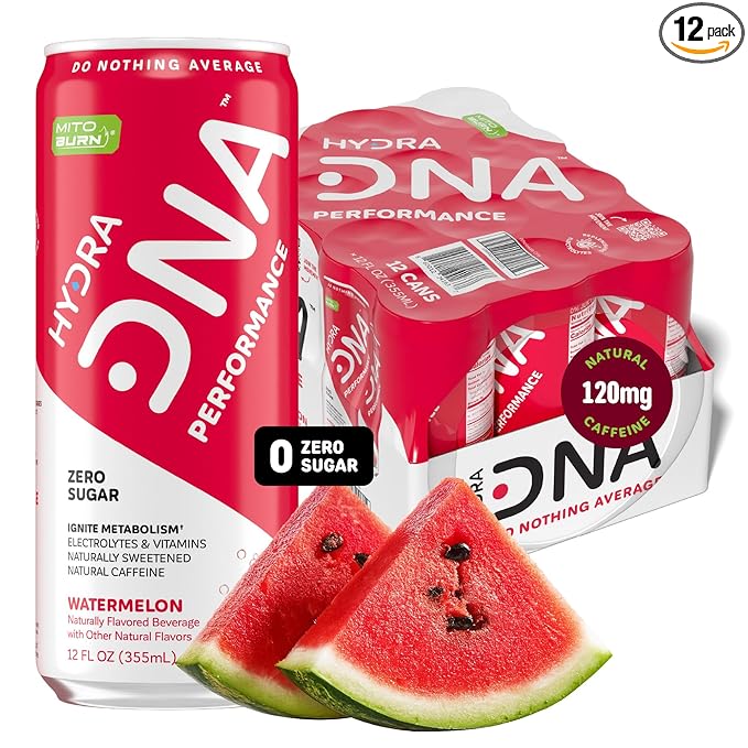 HYDRADNA- Clean Performance Drink Zero Sugar | For Natural Fuel Alertness Boost Stamina120 mg Organic Caffeine Natural Flavors Zero Sucralose Clean Ingredients (12 Pack) (12 Pack Watermelon)