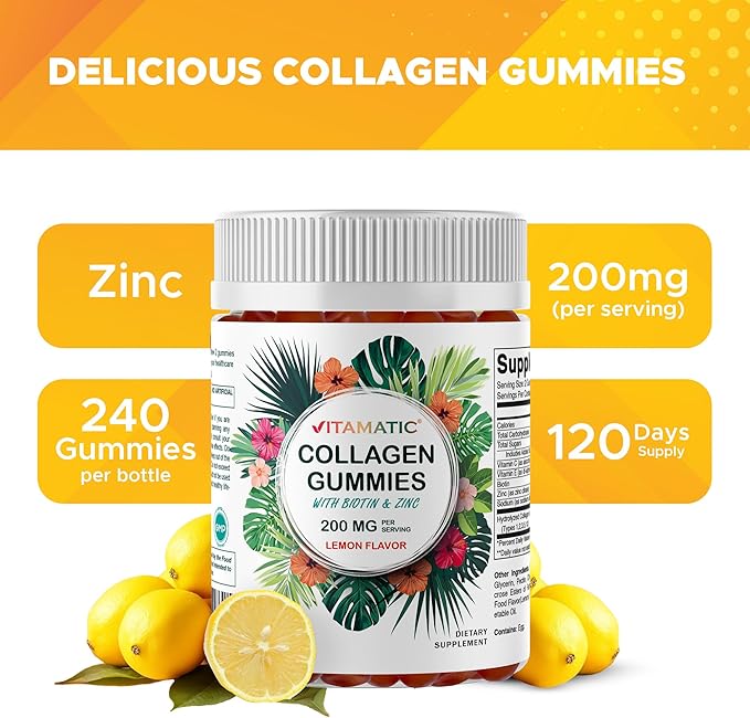 Vitamatic Hydrolyzed Collagen Gummies with Vitamin C Zinc and Biotin 200 mg - Healthy Skin Support - 240 Gummies