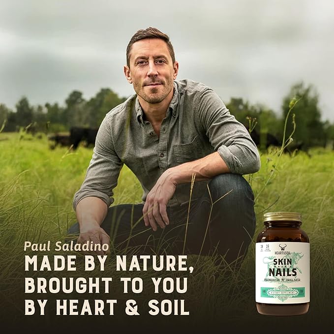 Heart &amp Soil – 100% Grass Fed &amp Finished Hair Skin and Nails Supplement from Regenerative Cattle with Cartilage Liver &amp Bone Marrow – 3000mg Beef Organs for Women &amp Men – Glass Bottl
