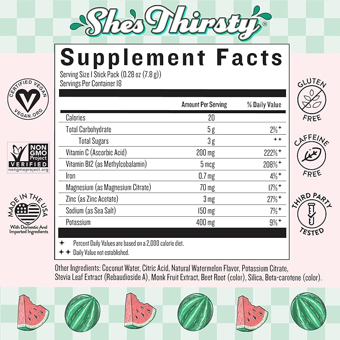 Legendairy Milk She's Thirsty Watermelon No Sugar Added Electrolytes Powder Packets–Coconut Water Mix for Women Instant Hydration Packets Immune Support Pregnancy Safe 18 Ct