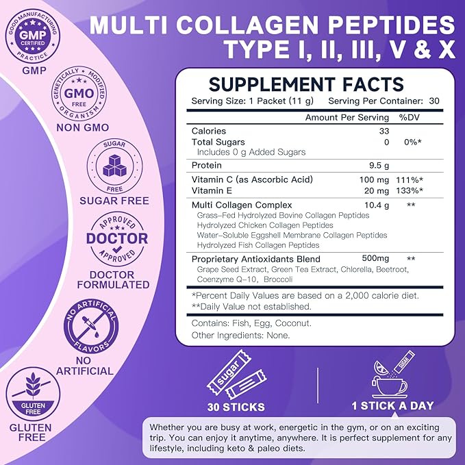 DRFOSTER Collagen-Peptides-Powder-Packets - Multi Type I II III V X Collagen for Women with Antioxidant Blend + Vitamin C &amp E for Skin Hair Nail &amp Joint Non-GMO 30 Stick Packs