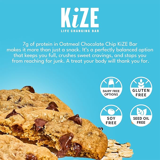 KiZE Energy Bars - Oatmeal Chocolate Chip - Gluten Free Dairy Free Non-GMO and High Protein Meal Replacement Energy Bars Clean and Simple Food Ingredients - 7g High Protein Snacks (10 Count)