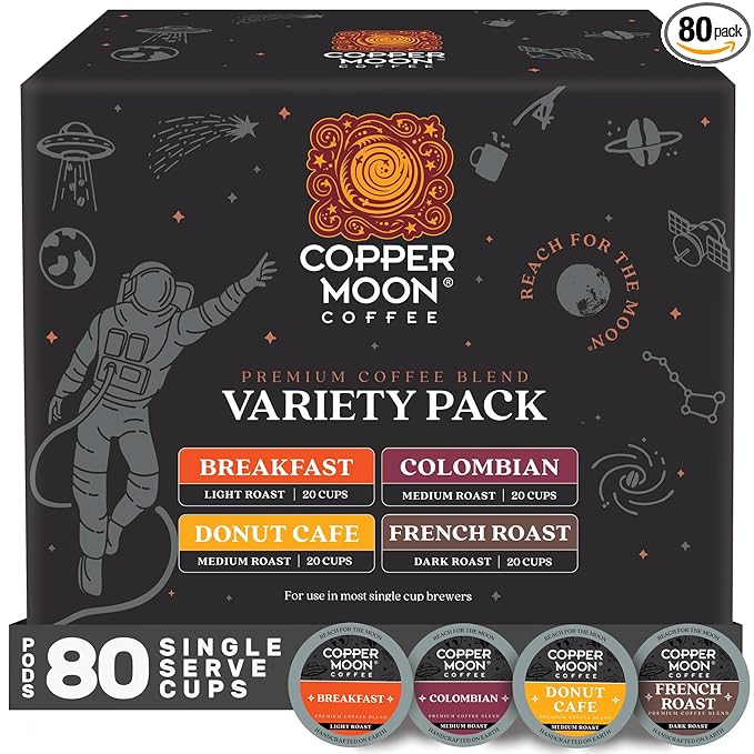 Copper Moon Single Serve Coffee Pods For Keurig K-Cup Brewers Light Medium &amp Dark Roast Variety Pack 80 Count