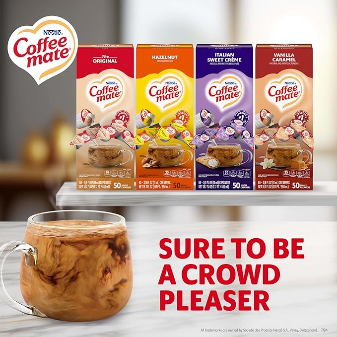 Nestle Coffee mate Creamer Singles Variety Pack Original Hazelnut Italian Sweet Creme Vanilla Caramel Non Dairy No Refrigeration 0.375 fl oz Tubs 200 Count (Pack of 50 Per Flavor)