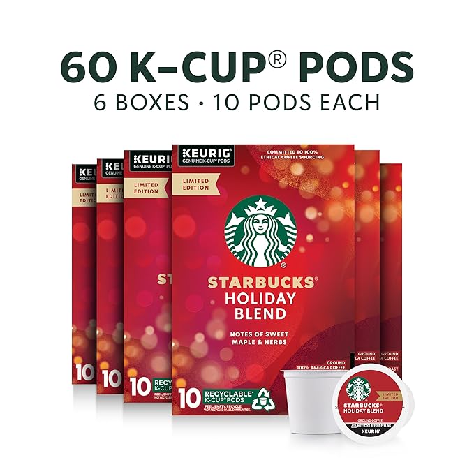 Starbucks K-Cup Coffee Pods Medium Roast Coffee for Keurig Brewers Holiday Blend 100% Arabica Limited Holiday Edition 6 Boxes (60 Pods Total)