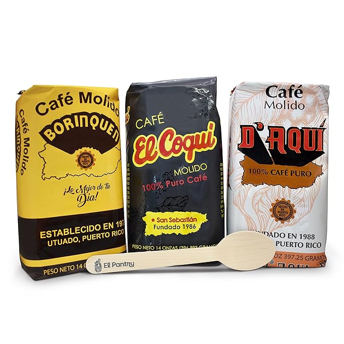 Deluxe Puerto Rican Coffee Selection | Cafe El Coqui Cafe D'Aqui and Cafe Borinquen Ground Coffee from Puerto Rico 14 Ounce (Pack of 3) - Includes El Pantry Spoon