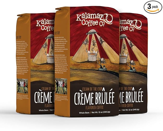 KALAMAZOO COFFEE COMPANY Crème Brulée Whole Bean Coffee - Cream of the Crop Flavored Coffee | 12oz Bag (3 Pack)