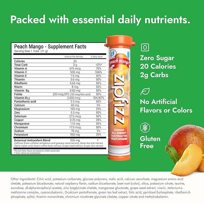 Zipfizz Daily Energy Drink Powder Peach Mango 20 Pack | 3-in-1 Sustained Energy Rapid Hydration and Essential Vitamins | Sugar-Free | Electrolyte Powder | Contains Vitamin B-12 &amp Antioxidants
