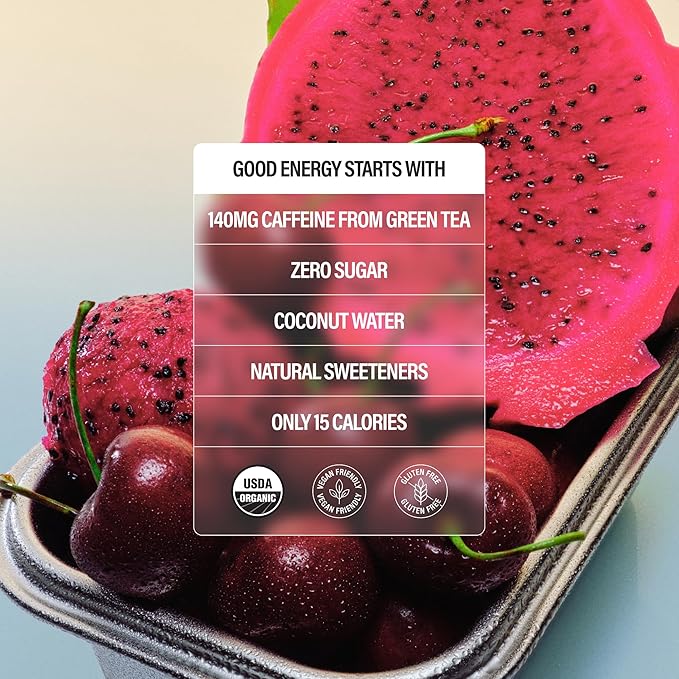GURU ZERO SUGAR Dragon Fruit Cherry Sorbet Organic Energy Drink with Plant Based Natural Caffeine from Green Tea Coconut Water Prebiotic Zero Added Sugars Gluten Free &amp Vegan Pre Workout 140