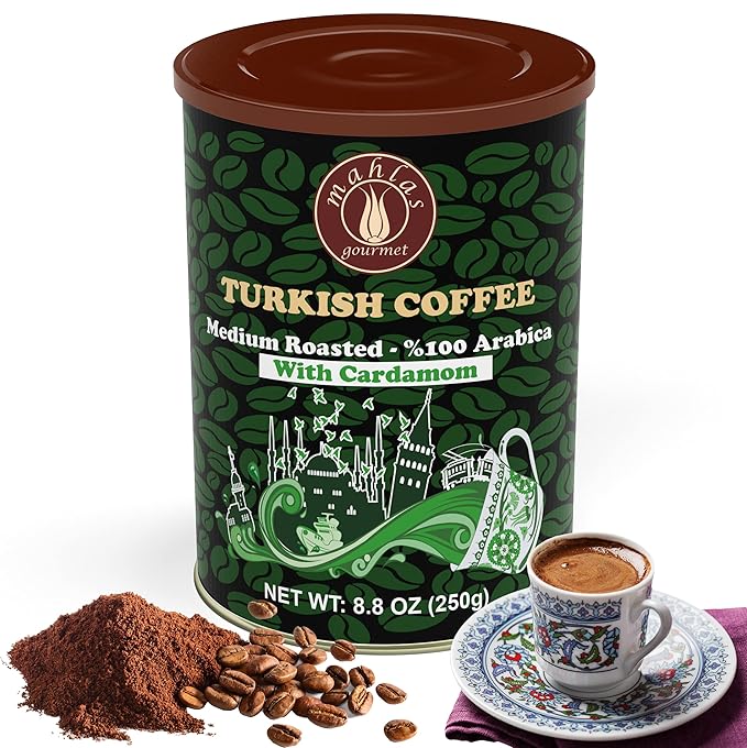 Mahlas Gourmet Turkish Coffee With Cardamom - Premium Quality Freshly &amp Finely Ground 100% Arabica Coffee Beans