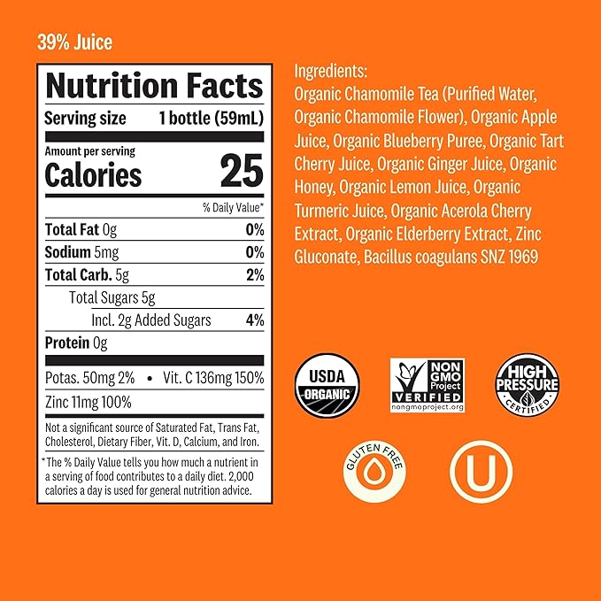 Suja Organic Immunity Elderberry Shot (60 Pack) with Turmeric and Ginger | Immunity Boost &amp Support | Functional Shots | Cold-Pressed Juice with Live Probiotics | Plant-Based &amp Gluten-Free