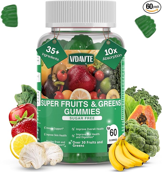Sugar-free Super Greens Gummies — US-Made 35+ Fruit and Veggie gummies to Boost Immunity Skin &amp Gut Health — Ideal Fruits and Vegetables Supplement for Adults &amp Picky Teens (30-Days Supply)