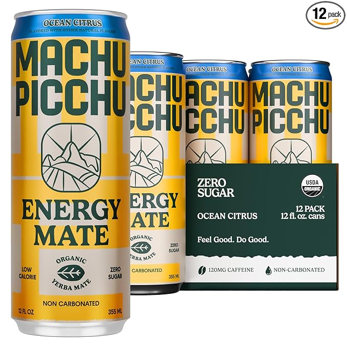 MACHU PICCHU Zero Sugar Energy Mate Drink – Non-Carbonated Yerba Mate 120mg Organic Caffeine Smooth Focus Without Jitters or Crash Low Calorie USDA Organic 12oz Cans (12-Pack-“Ocean Citrus”)