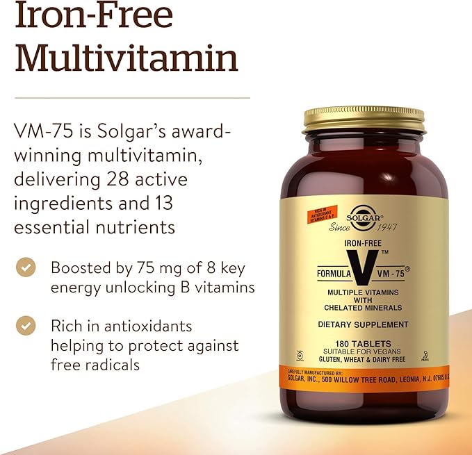Solgar Iron-Free Formula VM-75 180 Tablets - Multivitamin with Chelated Minerals - Vitamin A B6 B12 C D E - Biotin Magnesium Calcium Zinc - Vegan Gluten &amp Dairy Free Kosher - 180 Servin