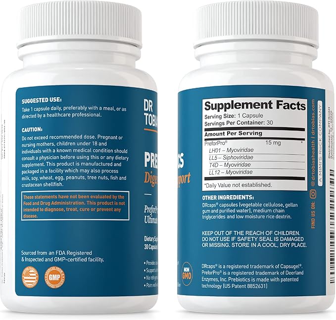 Dr. Tobias Prebiotics Supports Digestion &amp Gut Health Feed Good Probiotic Bacteria Boost Gut Immune Function Vegan &amp Non-GMO Gut Health Supplements for Men and Women 30 Capsules 30 Servi