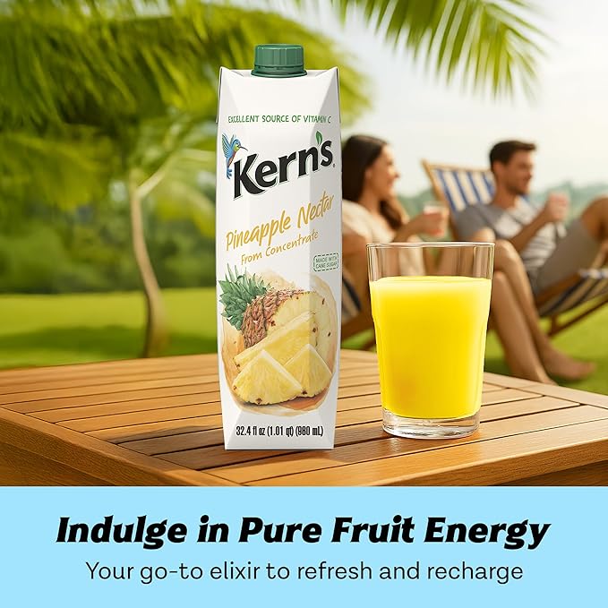 Kern’s Pineapple Juice Nectar - Made with Fresh Pineapple Fruit Puree - Tropical Fruit Juice Concentrate for Smoothie Mix Cocktail Mixers &amp Kids Drinks &amp Mexican Beverages - 32.4oz 12 Pack C