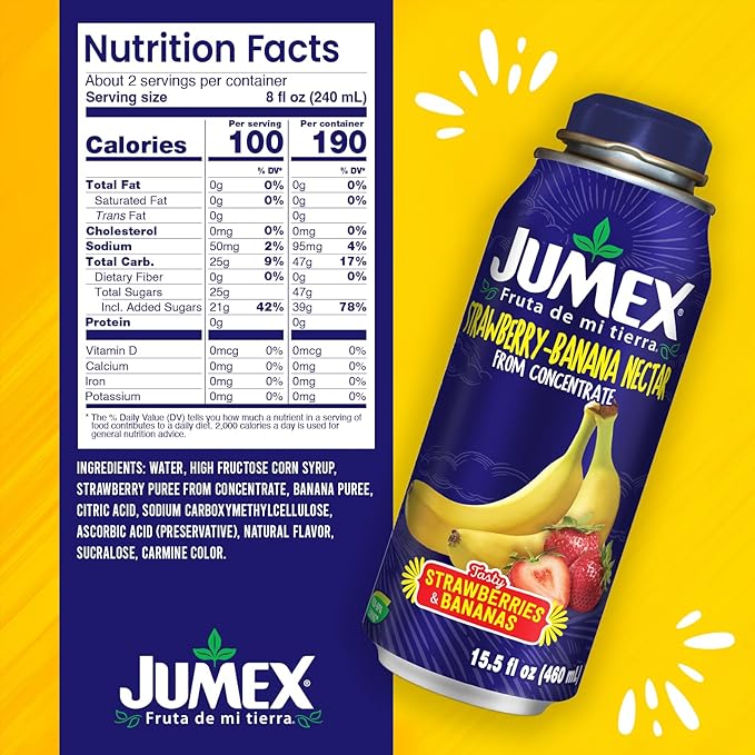 Jumex Strawberry Banana Nectar Lata Botella - Fresh Fruit Puree &amp Tropical Fruit Juice Concentrate for Smoothie Mix Cocktail Mixers &amp Kids Beverages - 15.5oz 12 Pack Resealable Juice Bottles