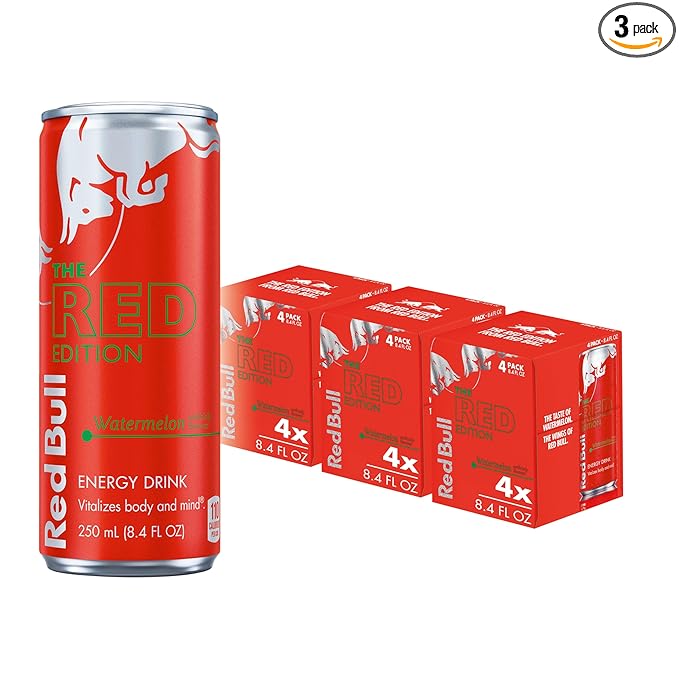 Red Bull Red Edition Energy Drink Watermelon with 80mg Caffeine plus Taurine &amp B Vitamins 8.4 Fl Oz Pack of 12 Cans