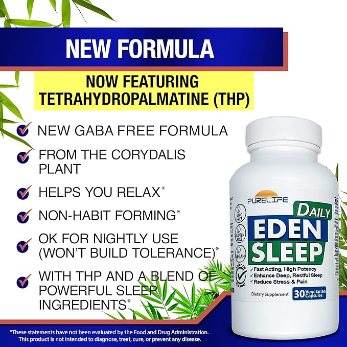 Eden Daily Sleep [New GABA Free Formula] – Fall Asleep Faster Relax Your Body Promote Deep and Restful Sleep (30 Vegan Capsules)