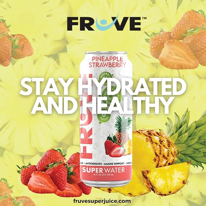 FrUve Super Water | Pineapple Strawberry Flavor | 12 16oz Cans | Healthy Drink | Zero Sugar | Low Calorie Drink | Powerful Antioxidants | Boosts Immune System | NON-GMO | The Super Health Drink