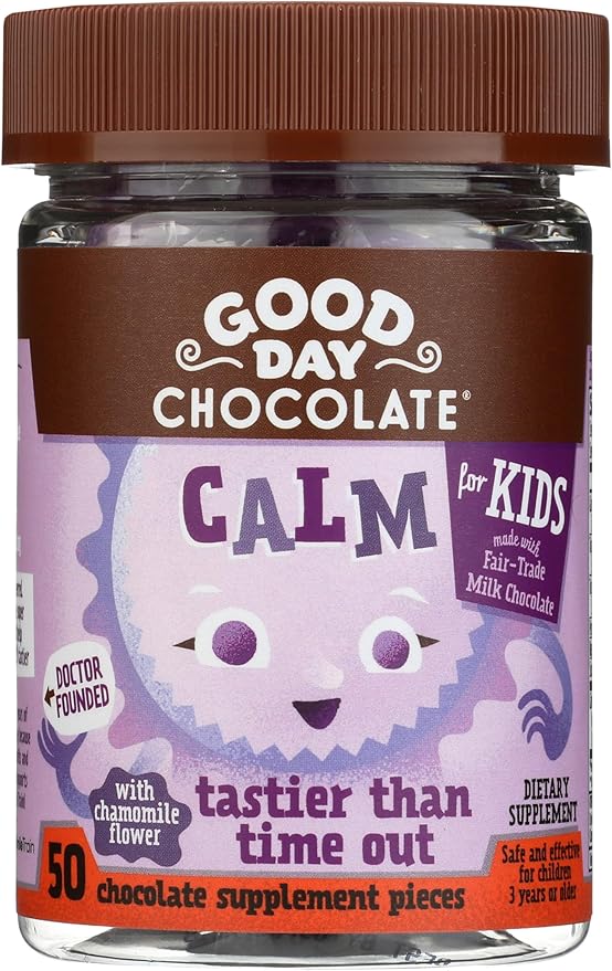 Good Day Chocolate Natural Calming Supplement for Kids Blend of Camomile L-Theanine Fair Trade and Non-GMO Chocolate 50 Pieces
