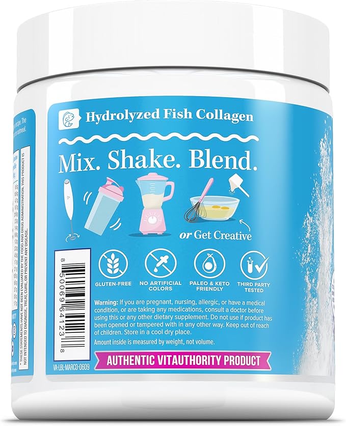 Vitauthority Marine Collagen Peptides Powder Supplement | Hydrolyzed Fish Collagen Peptides | 10000mg per Scoop 9g Protein Skin Hair Nail Sustainably Sourced Whitefish | Unflavored 18 Servings