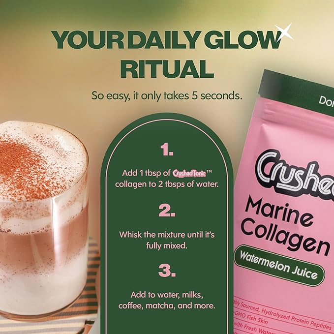 Crushed Tonic Korean Beauty Collagen Powder | Hydrolyzed Marine Collagen Peptides for Skin Glow Hair &amp Nails | K-Beauty Drink | Gluten-Free Halal &amp Kosher (Watermelon 30 Servings (150 g) P