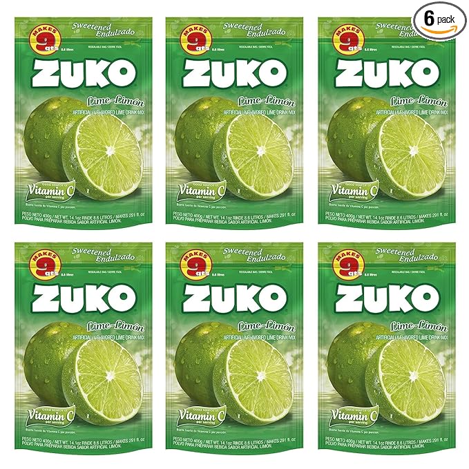 ZUKO Lime Instant Powder Drink Family Pack No Sugar Needed Vitamin C 14.1 Oz (Pack of 6)