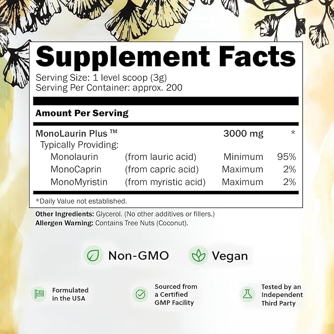 UltraLaurin® Monolaurin Supplement – 3000 mg Coconut-Derived Pellets for Immune &amp Gut Health Support Digestive Wellness – 21 oz / 200 Servings – Vegan Non-GMO Natural Immune &amp Digestive Su