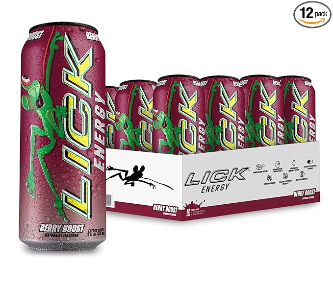LICK Energy Drink - No Added Sugar No Crash Green Tea Caffeine (180mg) with Antioxidants and Vitamins A B6 B12 and C 16oz (12pk) - Berry Boost