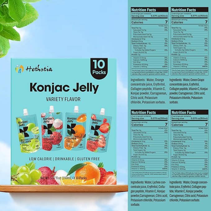 Hethstia Konjac Jelly Collagen Peptides Various Flavors - Lychee Green Grape Strawberry &amp Orange | Low Calorie Sugar-Free Keto Gluten-Free Vitamin C | 10-Pack Portable Healthy Snacks