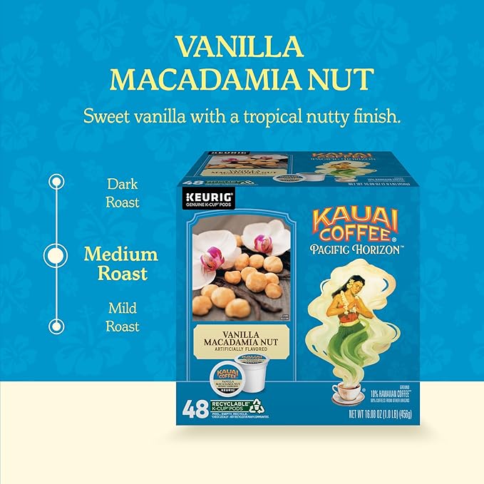 Kauai Coffee K-Cup Pods for Keurig Brewers – Arabica Coffee 10% Hawaiian – Medium Roast Vanilla Beans with Toasted Macabamia Nuts – Vanilla Macadamia Nut 1 Pack of 48 Single Serve K-Cups
