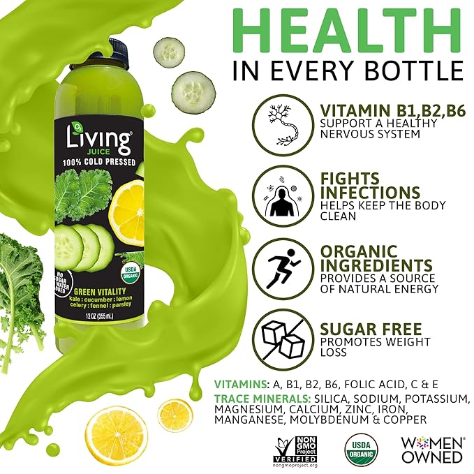 O2 Living Juice Cold Pressed Drink - Green Vitality Organic Juice Variety Pack - No Added Sugars or Water Naturally Sweetened from Fruits Rich in Nutrients &amp Vitamins - 12oz (6-Pack) + 4oz (5-Pa