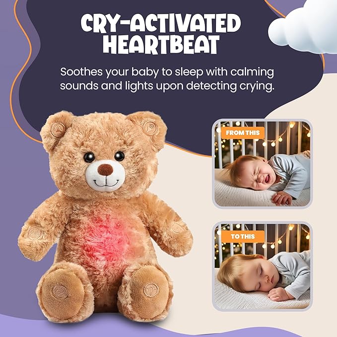 Gemma Joy Bedtime Baby Soothers &amp StickyOnes Sleep Patches - Cry Activated Heartbeat Bear Plush Toy Stuffed Animal with Calming Light &amp All-Natural No Melatonin Bedtime Patches for Kids and