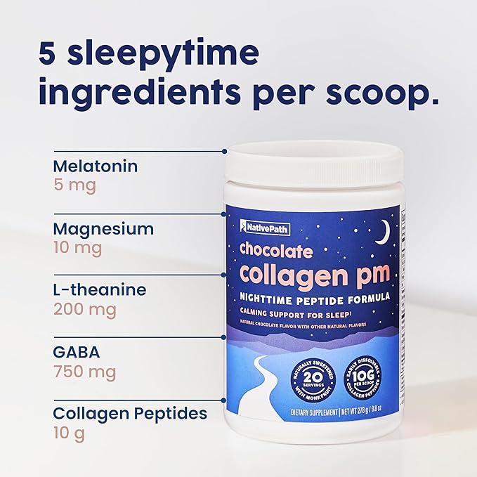 NativePath Collagen PM - Chocolate Nighttime Collagen Peptides Powder with Magnesium GABA L-Theanine and Melatonin - 20 Servings